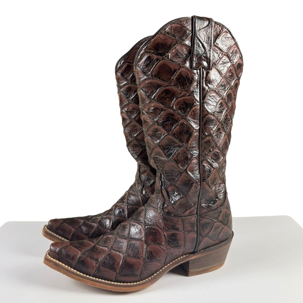 Nocona Cognac Brown Pirarucu Print Womens 8.5B Bessie Snip Toe Cowboy Boots